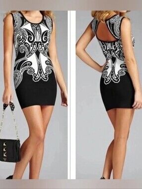 GUESS Baroque-Inspired Bodycon Mini - Keyhole Cut-Out Back In Black/White (NWT)
